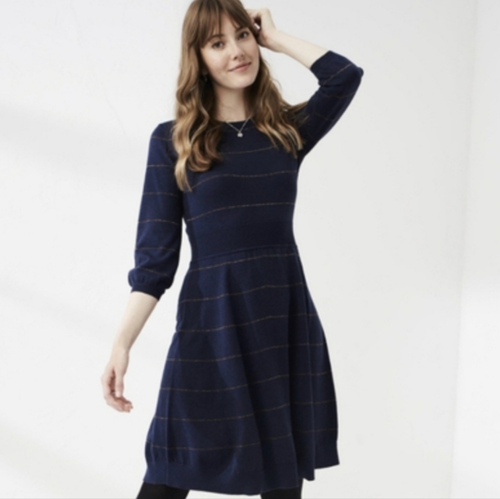 FatFace Fiona Knit Sweater Dress Fit and Flare Striped Long Sleeves Navy Size 6